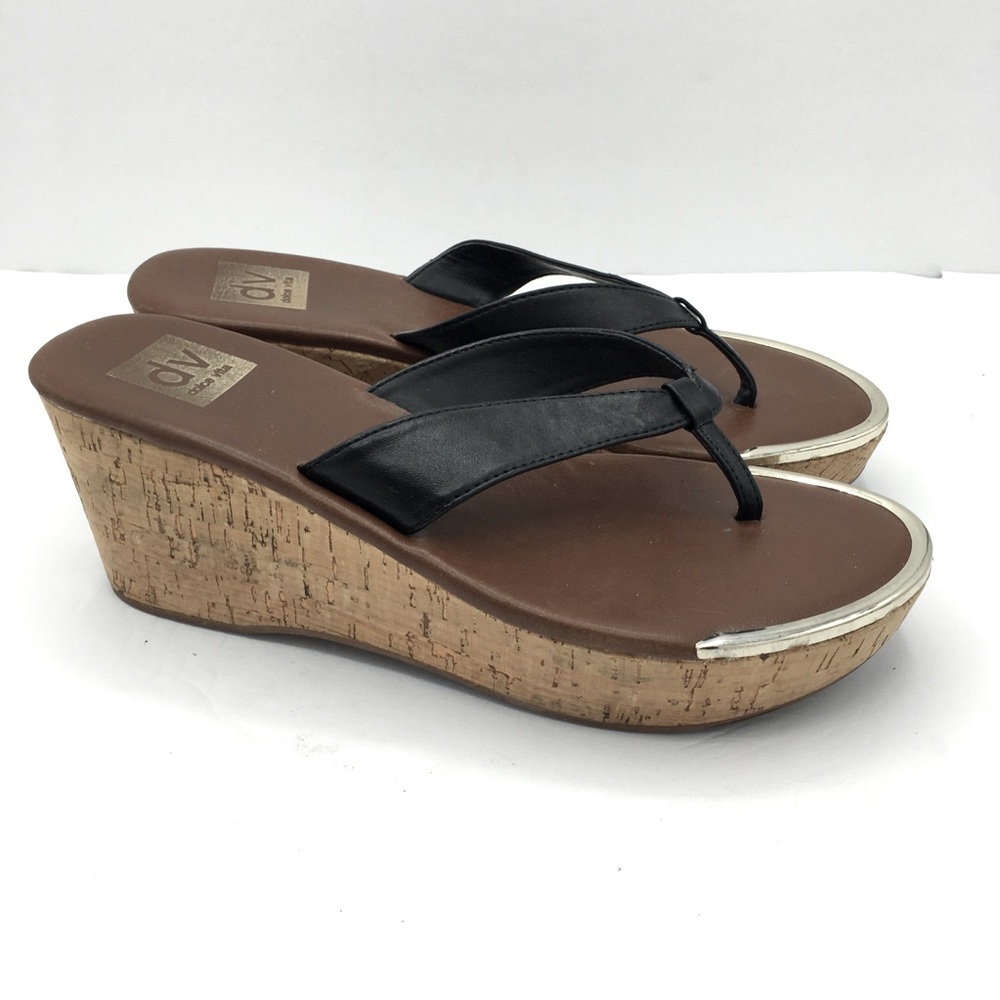 DV by Dolce Vita Black/Gold Toe Wedge Sandals Sz 8